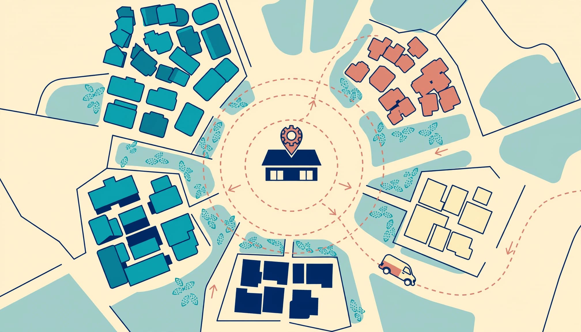 A van route connects a central workshop with several nearby neighborhoods.