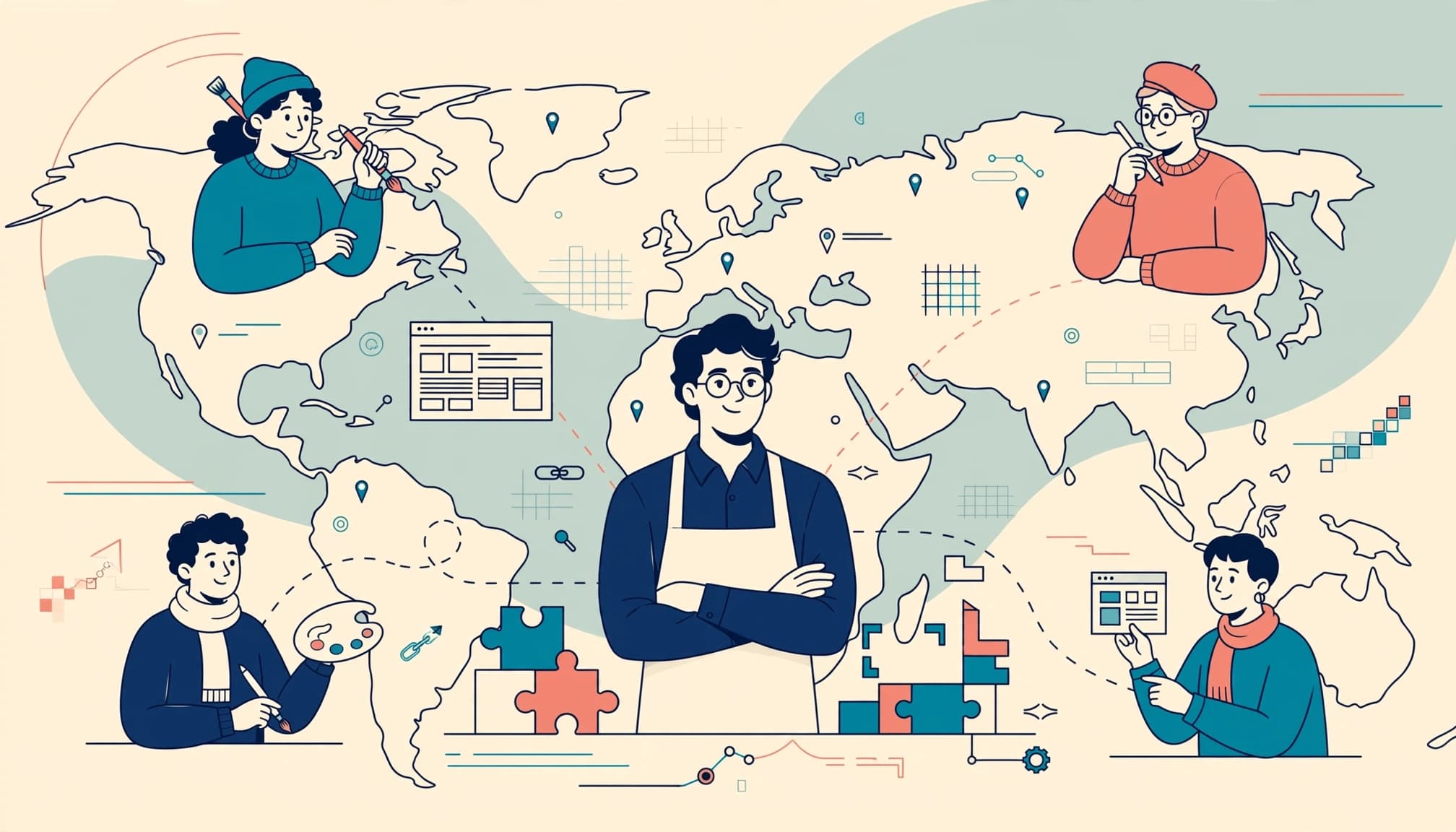 An agency owner connects with four remote team members across a simple world map.