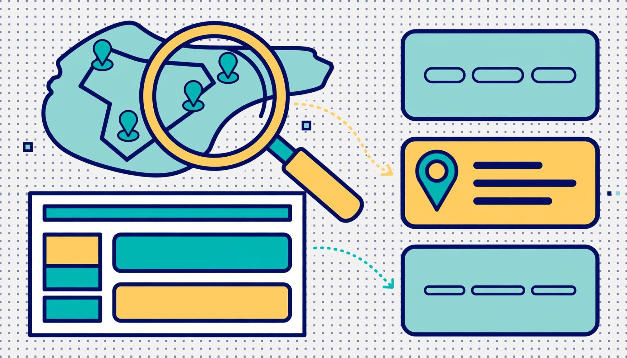 A magnifying glass highlights one search tile beside a map and website layout.