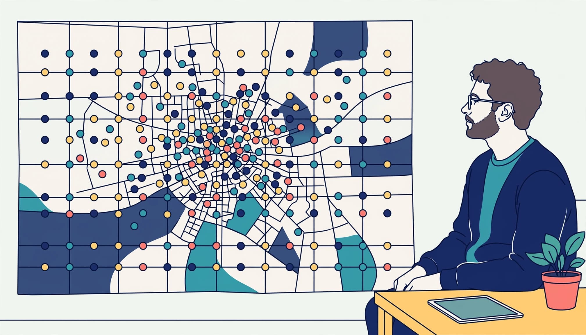 A professional studies a neighborhood map marked with a grid of colored pins.