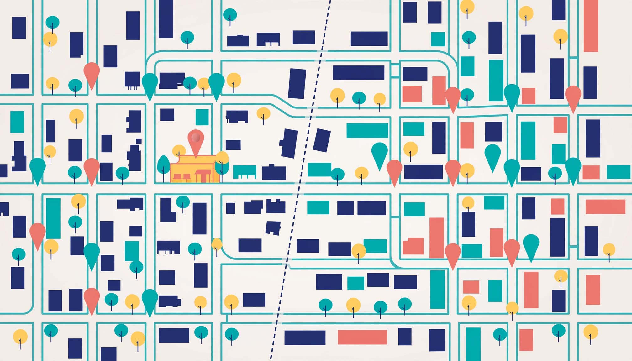 A small shop sits beside a city border, with map pins spread across nearby streets.