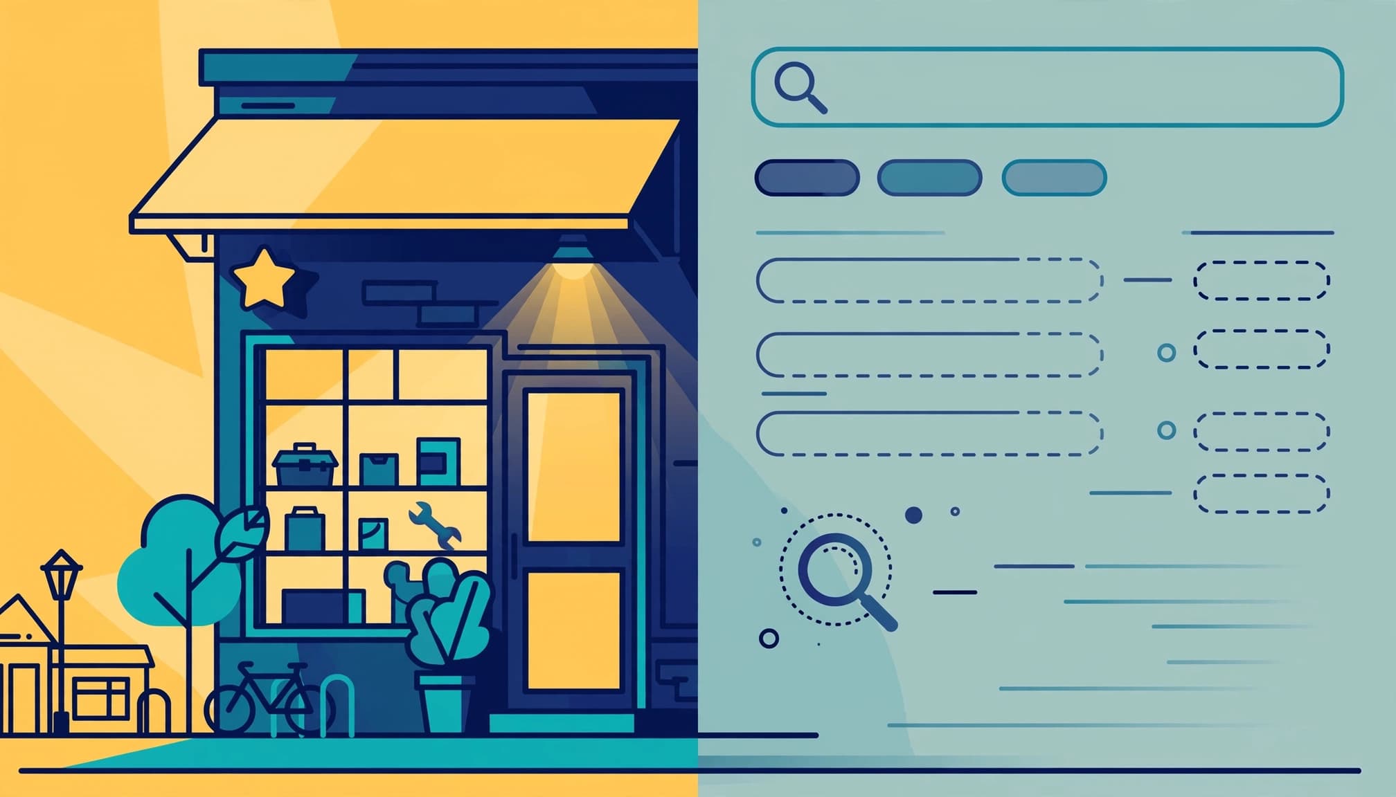 A shopfront sits beside mostly empty abstract search results.